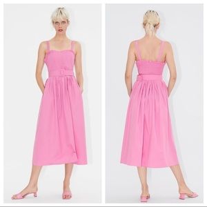 ZARA PINK POPLIN MIDI MAXI DRESS WITH BELT large